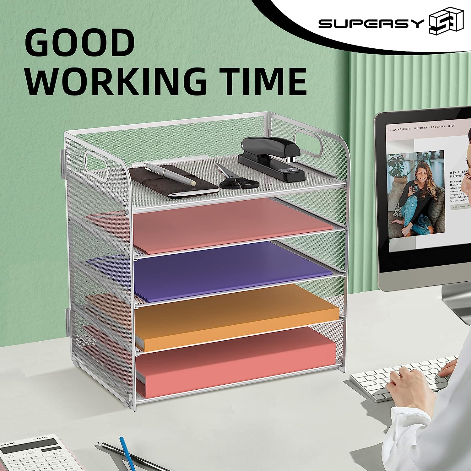 Supeasy 5 Trays Paper Organizer Letter Tray with Handle-Mesh Desk File Organizer,Black Paper Sorter Desk Organizer for Office,Home or School - Image 2